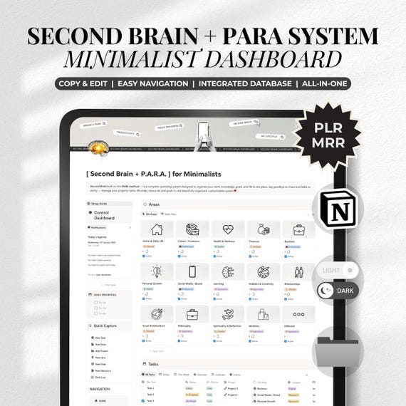 Minimalist Second Brain Notion Planner P.A.R.A. Method, Life Vision OS, Ultimate All-in-One Digital Planning PARA System Dashboard Template