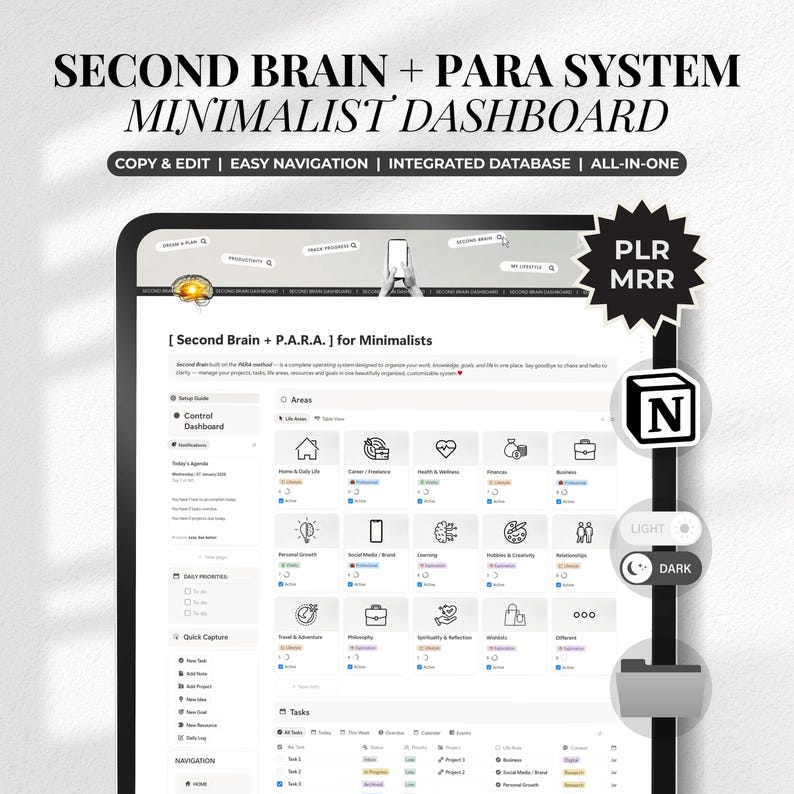May include: A digital minimalist dashboard with the text "SECOND BRAIN + PARA SYSTEM MINIMALIST DASHBOARD". The dashboard includes icons for various categories and the text "COPY & EDIT | EASY NAVIGATION | INTEGRATED DATABASE | ALL-IN-ONE".