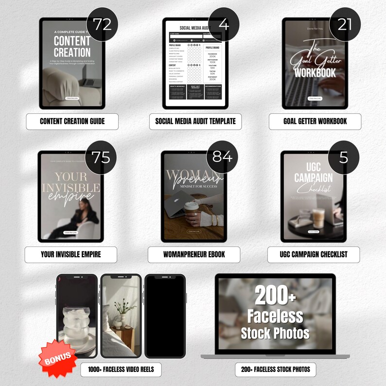 May include: A collection of digital products displayed on tablets, phones, and a laptop. The products include guides, templates, and workbooks for content creation, social media, and business. The image also features faceless stock photos and video reels.