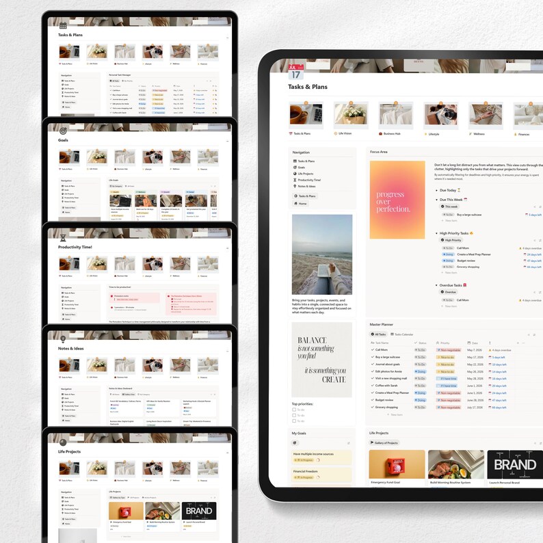 May include: A collection of digital tablets displaying a productivity app interface. The screens showcase task management, notes, and life project sections. The app's design features a clean, minimalist aesthetic with a neutral color palette and the word "BRAND" displayed.