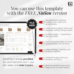 May include: A digital business planner template on a tablet with the text "You can use this template with the FREE Notion version." The template includes sections for projects, tasks, and client tracking. The text "Everything is already pre-filled" is also visible.
