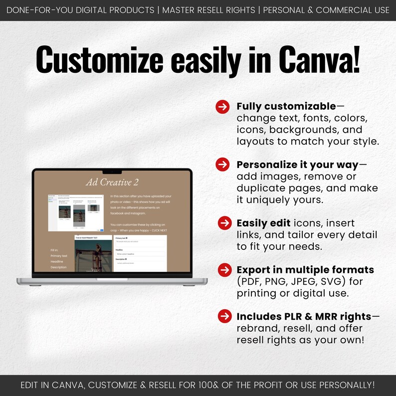 Op de afbeelding: Een laptopscherm met een Canva-ontwerptemplate met de tekst "Eenvoudig aanpassen in Canva!" en een lijst met functies, waaronder "Volledig aanpasbaar", "Maak het op uw eigen manier", "Pictogrammen eenvoudig bewerken", "Exporteren in meerdere formaten" en "Bevat PLR- en MRR-rechten".