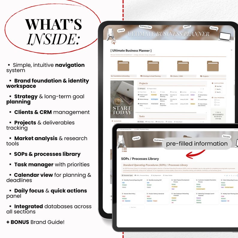 May include: Two tablets displaying a business planner interface. The top tablet shows the title "ULTIMATE BUSINESS PLANNER" and the words "START TODAY". The bottom tablet shows "SOPs / Processes Library" and the words "pre-filled information". The left side of the image lists features.