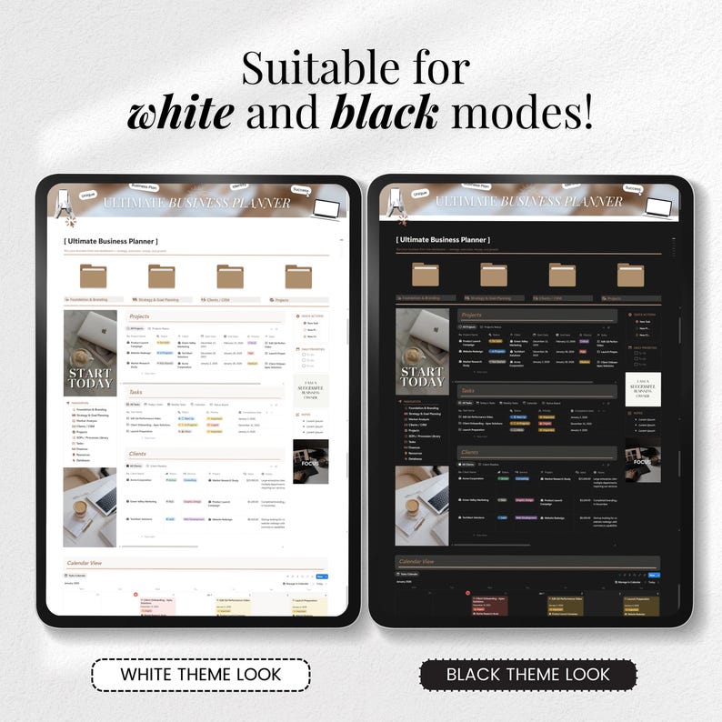 May include: Two digital tablets displaying a business planner interface, one in a white theme and the other in a black theme. The text "Suitable for white and black modes!" is at the top. The bottom of the image shows "WHITE THEME LOOK" and "BLACK THEME LOOK".