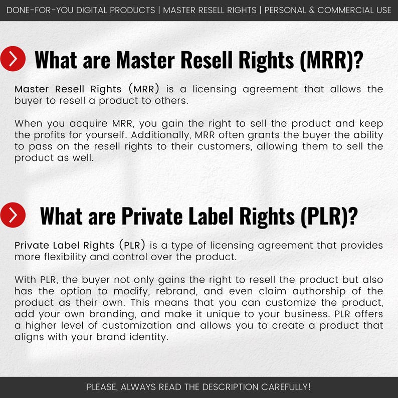 以下が含まれることがあります： マスターリセールライツ（MRR）とプライベートラベルライツ（PLR）の違いを説明するテキスト。MRRは、購入者が製品を転売し、利益を得ることを許可します。PLRは、購入者が製品を変更、リブランドし、さらには製品の著作権を主張することを許可します。