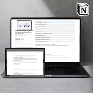May include: A laptop and tablet displaying a "Personal Brand Guide" document. The laptop screen shows "My Brand" at the top. The tablet shows a list of questions. A white "N" logo is in the top right corner.