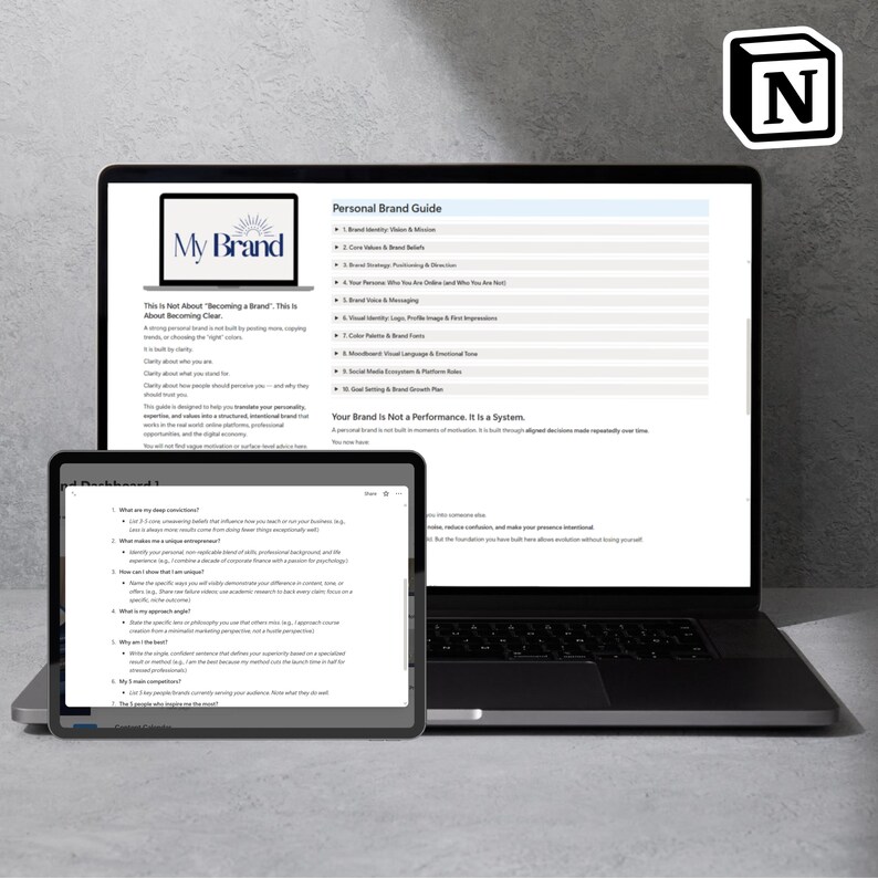 May include: A laptop and tablet displaying a "Personal Brand Guide" document. The laptop screen shows "My Brand" at the top. The tablet shows a list of questions. A white "N" logo is in the top right corner.