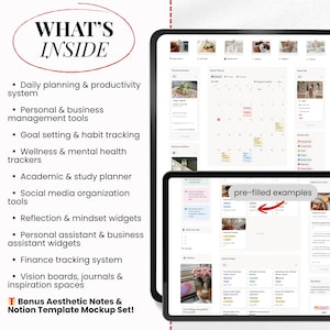May include: Two tablets displaying a digital planner interface. The text "WHAT'S INSIDE" is in a circular design. The planner includes sections for daily planning, goal setting, wellness, and finance tracking. The bottom tablet shows "pre-filled examples".