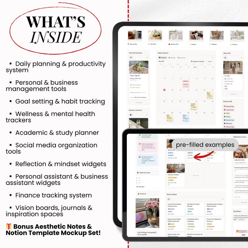 May include: Two tablets displaying a digital planner interface. The text "WHAT'S INSIDE" is in a circular design. The planner includes sections for daily planning, goal setting, wellness, and finance tracking. The bottom tablet shows "pre-filled examples".