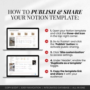 May include: A graphic with the text "HOW TO PUBLISH & SHARE YOUR NOTION TEMPLATE:" and instructions on how to publish a Notion template. Two laptops display the Notion interface. The instructions include steps like clicking the three-dot icon and the Publish button.
