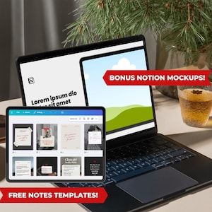 May include: A laptop and tablet display digital templates. The laptop screen shows a landscape image and the text "BONUS NOTION MOCKUPS!". The tablet displays several note templates. The text "FREE NOTES TEMPLATES!" is displayed at the bottom.