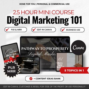 May include: A digital marketing course titled "Pathway to Prosperity" with a Canva logo. The course includes 5 topics in 1, a content ideas bank, and is 2.5 hours long. The course is editable in Canva and can be used for business or personal use.