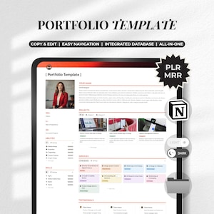 May include: A digital portfolio template displayed on a tablet. The screen shows a resume layout with sections for projects, skills, and testimonials. The text "PORTFOLIO TEMPLATE" is at the top, with "COPY & EDIT | EASY NAVIGATION | INTEGRATED DATABASE | ALL-IN-ONE" below.