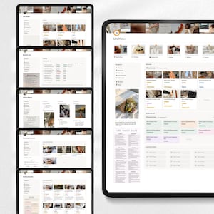 May include: A collection of digital tablets displaying a productivity and planning application. The screens showcase various sections, including "Life Goals," "Bucket List," and "Vision Board," with a clean, minimalist design and a neutral color palette.