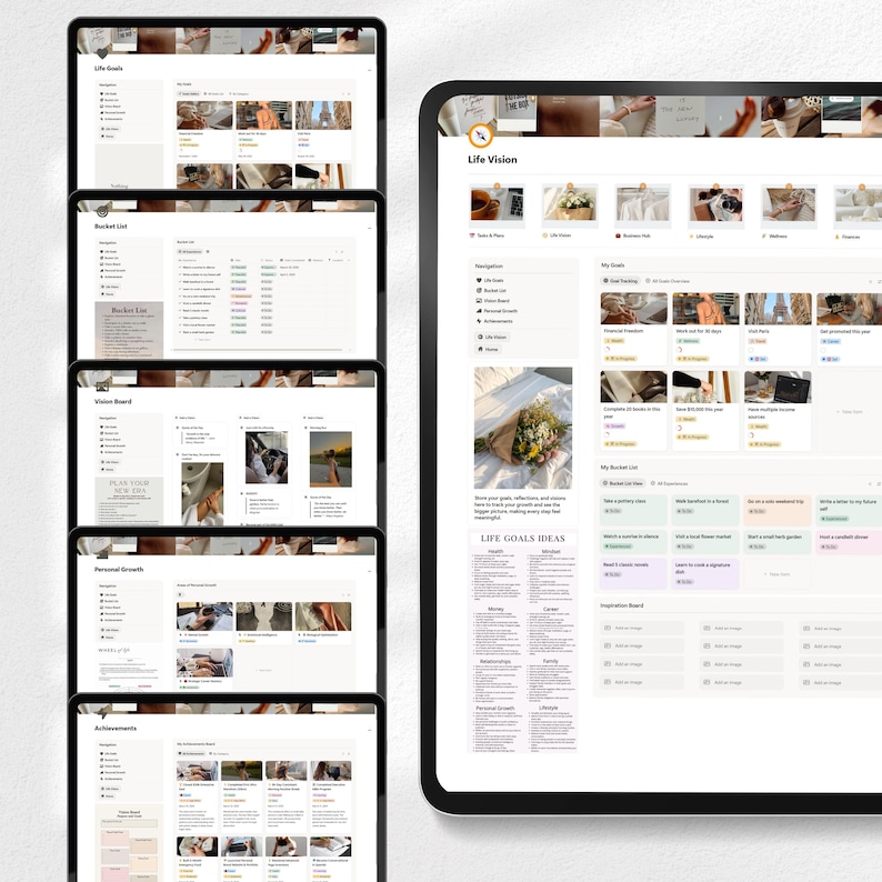 May include: A collection of digital tablets displaying a productivity and planning application. The screens showcase various sections, including "Life Goals," "Bucket List," and "Vision Board," with a clean, minimalist design and a neutral color palette.