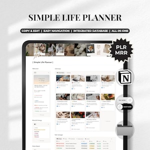 Op de afbeelding: Een digitale Simple Life Planner-interface met secties voor levensgebieden, stemming & energie en een takenbeheerder. De lay-out bevat tekstlabels zoals Copy & Edit, Easy Navigation, Integrated Database, All-in-One, PLR en MRR.
