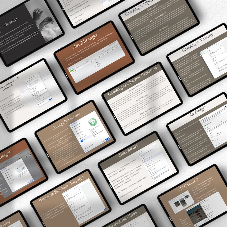 Op de afbeelding: Een reeks schermafbeeldingen die laten zien hoe je een advertentiecampagne op een computerscherm instelt. De schermafbeeldingen laten de verschillende stappen zien die betrokken zijn bij het instellen van een advertentiecampagne, waaronder het instellen van je advertenties, het instellen van je verkoopcampagne, het instellen van verkoopadvertenties, het instellen van het advertentiebudget, het instellen van het publiek en het maken van advertenties.