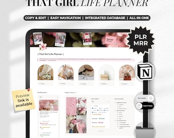 以下が含まれることがあります： That Girl Life Plannerというタイトルのデジタルライフプランナーインターフェース。ビジョン、ライフスタイル、ウェルネス、財務のセクションがあります。レイアウトには、毎日の習慣、ルーチン、タスクマネージャー、ピンクと白の配色の月間カレンダーが含まれています。
