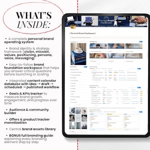 May include: A digital tablet displays a "Personal Brand Dashboard" interface, showcasing branding tools and resources. The screen features a content calendar, goals tracker, and product monetization options. Text on the left lists features like brand identity framework and audience builder.