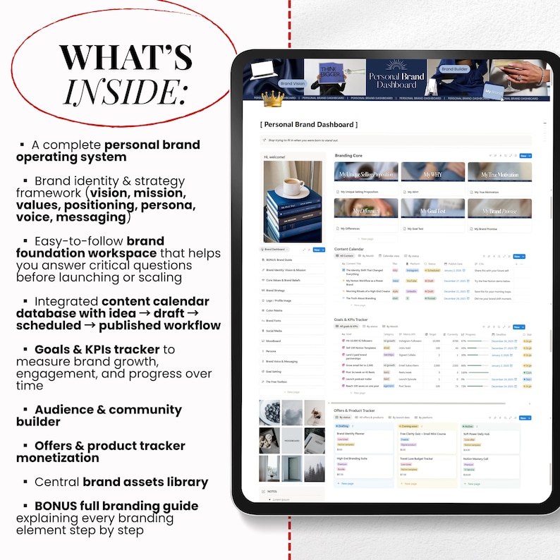 May include: A digital tablet displays a "Personal Brand Dashboard" interface, showcasing branding tools and resources. The screen features a content calendar, goals tracker, and product monetization options. Text on the left lists features like brand identity framework and audience builder.