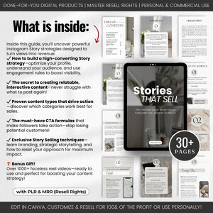 以下が含まれることがあります： 「Stories That Sell: The Ultimate Guide about how to Convert Followers to Sales」というタイトルのデジタル製品ガイド。このガイドには、フォロワーを顧客に変える方法に関する30ページ以上の情報が掲載されています。Instagram ストーリー戦略、高コンバージョン率のストーリー戦略の構築方法、関連性の高いコンテンツの作成方法、行動を促進する実績のあるコンテンツタイプの使用方法などについて解説しています。