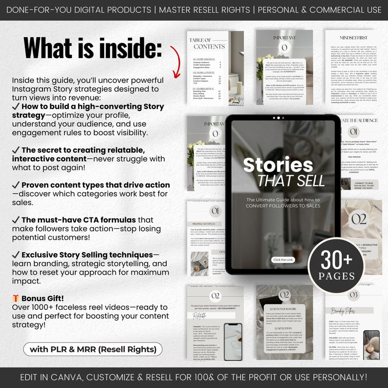 以下が含まれることがあります： 「Stories That Sell: The Ultimate Guide about how to Convert Followers to Sales」というタイトルのデジタル製品ガイド。このガイドには、フォロワーを顧客に変える方法に関する30ページ以上の情報が掲載されています。Instagram ストーリー戦略、高コンバージョン率のストーリー戦略の構築方法、関連性の高いコンテンツの作成方法、行動を促進する実績のあるコンテンツタイプの使用方法などについて解説しています。