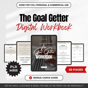 Peut inclure: Un classeur numérique intitulé "The Goal Getter Workbook" avec une couverture bleue et blanche représentant un ordinateur portable et des mains tapant. Le classeur compte 20 pages et comprend un guide Canva bonus. Le texte "Done-for-You" est en haut de la couverture. Le texte "A goal without a plan is just a wish" est en bas de la couverture.