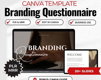 Op de afbeelding: Een Canva-sjabloon voor een merk-vragenlijst met een laptop- en tabletmockup. Het sjabloon bevat meer dan 20 dia's en een bonus Canva-gids. De tekst op de afbeelding luidt "Branding-vragenlijst", "PLR & MRR", "Bewerken in Canva", "Commercieel gebruik", "Welkom", "Goede branding verhoogt en onderscheidt uw bedrijf, waardoor een blijvende indruk wordt achtergelaten", "Meer dan 20 dia's", "Bonus: Canva-gids", "Bewerk in Canva, pas aan en verkoop door voor 100% van de winst of gebruik het persoonlijk!"