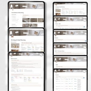 May include: A collection of digital tablet screens displaying business planning and organizational tools. The screens show categories like Foundation & Branding, Strategy & Goal Planning, Market Analysis, Clients/CRM, Projects, SOPs, Tasks, and Finances.
