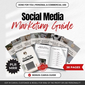 May include: A social media marketing guide with a red and white cover and the text "Social Media Marketing Guide" in large, bold letters. The guide is 38 pages long and includes a bonus Canva guide. The guide is available for personal and commercial use.