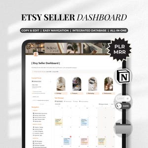 May include: A digital Etsy Seller Dashboard displayed on a tablet. The screen shows a calendar, navigation options, and the text "Etsy Seller Dashboard." Additional text includes "Copy & Edit," "Easy Navigation," and "Integrated Database."