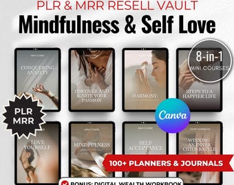 セルフラブミニコースバンドル | マインドフルリビングCanvaガイド8選 | PLR MRR | マインドフルネス、ポジティブな考え方、セルフケア、自己啓発プランナー