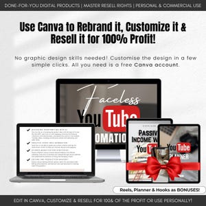 May include: A digital product bundle for creating a YouTube channel. The bundle includes a digital guide, a planner, and a set of hooks. The image shows a laptop screen with a presentation about creating a YouTube channel, a digital guide with the title "Passive Income with YouTube", a YouTube planner, and a red ribbon with a bow. The text on the image reads "Use Canva to Rebrand it, Customize it & Resell it for 100% Profit!" and "Edit in Canva, Customize & Resell for 100% of the Profit or Use Personally!"