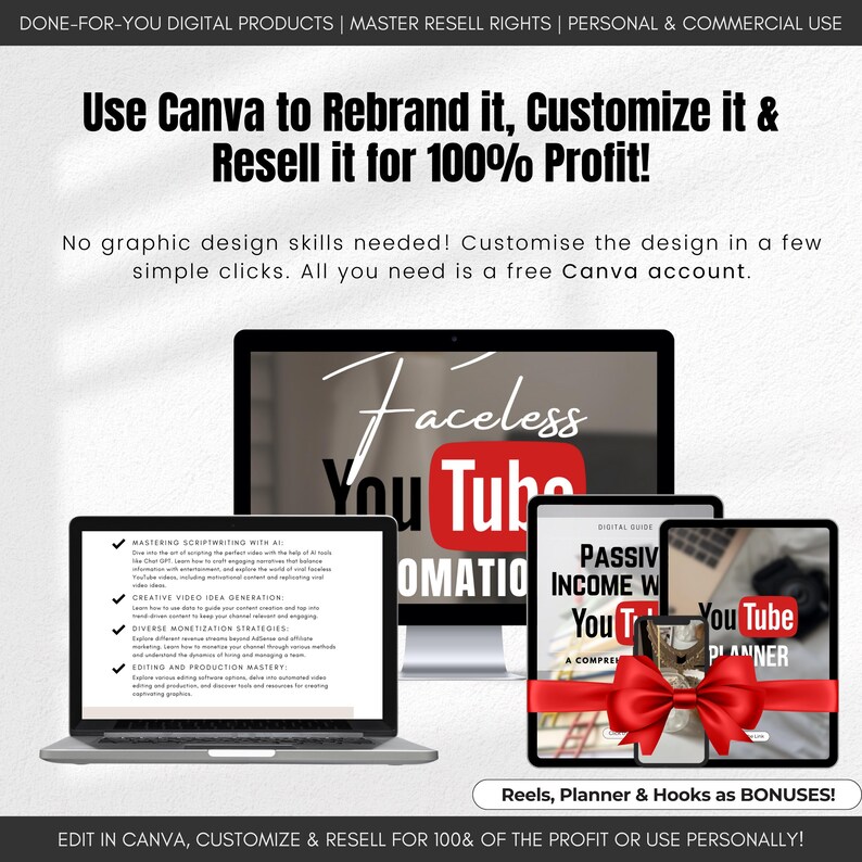 May include: A digital product bundle for creating a YouTube channel. The bundle includes a digital guide, a planner, and a set of hooks. The image shows a laptop screen with a presentation about creating a YouTube channel, a digital guide with the title "Passive Income with YouTube", a YouTube planner, and a red ribbon with a bow. The text on the image reads "Use Canva to Rebrand it, Customize it & Resell it for 100% Profit!" and "Edit in Canva, Customize & Resell for 100% of the Profit or Use Personally!"