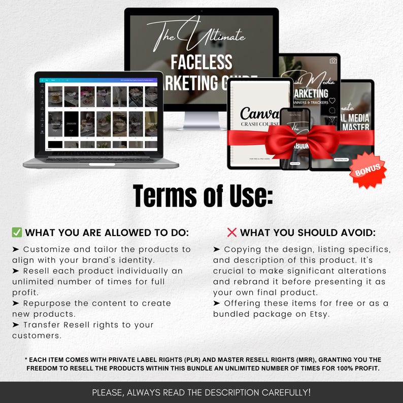 May include: A digital marketing bundle displayed on a laptop, computer monitor, tablet, and phone. The text includes "The Ultimate Faceless Marketing Guide", "Canva Crash Course", and "Social Media Master". A red ribbon and a "Bonus" sticker are also visible.