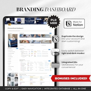 May include: A digital branding dashboard displayed on a tablet screen. The interface includes sections for branding care, content calendar, and offers. Text includes "Made for Notion" and "BONUSES INCLUDED!"
