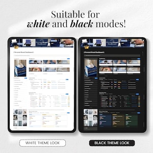 May include: Two digital tablets displaying a dashboard interface, one in a white theme and the other in a black theme. The text at the top reads "Suitable for white and black modes!" and the text at the bottom reads "WHITE THEME LOOK" and "BLACK THEME LOOK".