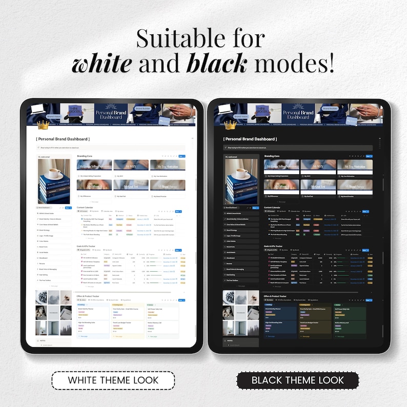 May include: Two digital tablets displaying a dashboard interface, one in a white theme and the other in a black theme. The text at the top reads "Suitable for white and black modes!" and the text at the bottom reads "WHITE THEME LOOK" and "BLACK THEME LOOK".