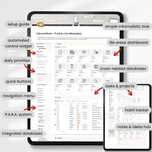 May include: A digital productivity system displayed on two tablets. The main tablet shows a dashboard with icons and text, including "Second Brain + P.A.R.A." and "life areas dashboard." The smaller tablet displays a habit tracker and notes section.