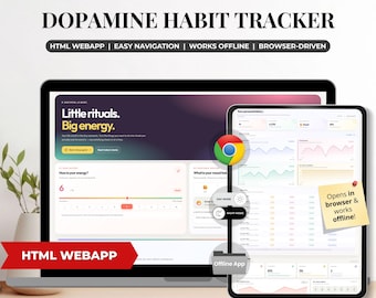 以下が含まれることがあります： ノートパソコンとタブレットの画面に表示されたDopamine Habit Tracker HTMLウェブアプリ。インターフェースには、Little rituals. Big energy.というテキストが書かれたダークグラデーションのヘッダーと、様々なデータチャート、ムードトラッカー、ブラウザベースのナビゲーションが含まれています。