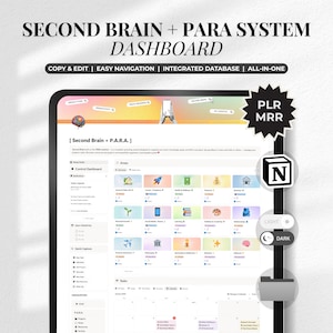 以下が含まれることがあります： 「SECOND BRAIN + PARA SYSTEM DASHBOARD」のテキストが表示されたデジタルダッシュボード。タスク、エリア、ナビゲーションのセクションがあり、ライトモードとダークモードのオプションがあります。「COPY & EDIT | EASY NAVIGATION | INTEGRATED DATABASE | ALL-IN-ONE」のテキストも表示されています。