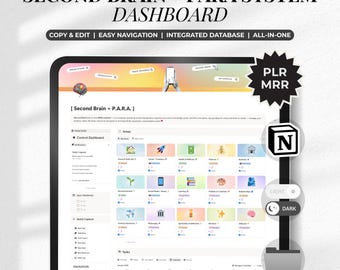 Könnte beinhalten: Digitales Dashboard mit dem Text "SECOND BRAIN + PARA SYSTEM DASHBOARD". Das Dashboard enthält Abschnitte für Aufgaben, Bereiche und Navigation, mit Optionen für helle und dunkle Modi. Der Text "COPY & EDIT | EASY NAVIGATION | INTEGRATED DATABASE | ALL-IN-ONE" ist ebenfalls sichtbar.