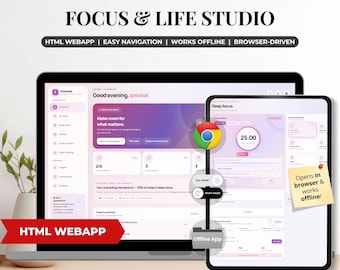 以下が含まれることがあります： ノートパソコンとタブレットの画面に表示されたFocus & Life Studio HTMLウェブアプリのデジタルインターフェース。ダッシュボードは紫とピンクのグラデーションテーマで、タスク管理ツールと25:00のタイマーを備えています。