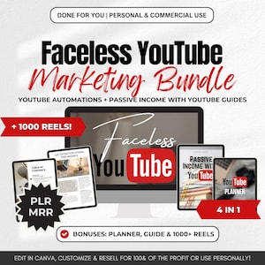 Faceless YouTube Automations Guide, MRR PLR Master Resell DFY Digital Marketing eBook Passive Income with YouTube Planner Vlog Content Ideas