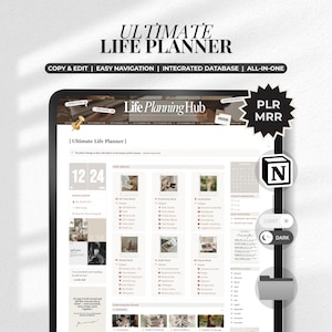 May include: A digital planner interface with the text "ULTIMATE LIFE PLANNER" at the top. The screen displays a "Life Planning Hub" with various sections, including navigation, life areas, and daily routines. Additional text includes "COPY & EDIT | EASY NAVIGATION | INTEGRATED DATABASE | ALL-IN-ONE".