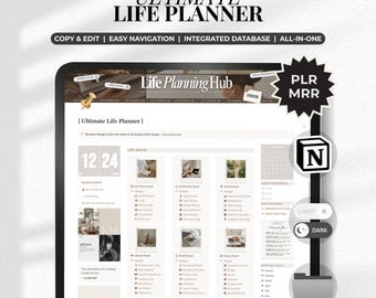 May include: A digital planner interface with the text "ULTIMATE LIFE PLANNER" at the top. The screen displays a "Life Planning Hub" with various sections, including navigation, life areas, and daily routines. Additional text includes "COPY & EDIT | EASY NAVIGATION | INTEGRATED DATABASE | ALL-IN-ONE".