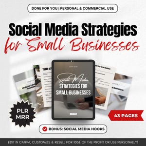 Social Media Strategies for Small Business Guide + Hooks for Social Media, Content Ideas for Passive Income MRR PLR Resell Rights DFY eBook