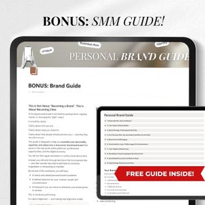 May include: A digital tablet displays a "Personal Brand Guide" with the text "Bonus: SMM Guide!" and "Free Guide Inside!". The guide covers topics like brand identity, core values, and social media ecosystems.