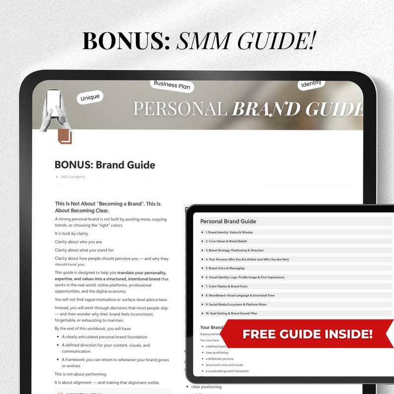 May include: A digital tablet displays a "Personal Brand Guide" with the text "Bonus: SMM Guide!" and "Free Guide Inside!". The guide covers topics like brand identity, core values, and social media ecosystems.
