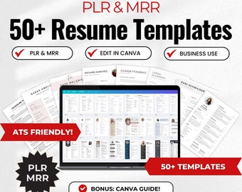 50+ CV Resume 2025 Templates Bundle, Editable Canva Templates Plr Mrr, Clean Minimalist ATS-Friendly CV Design, Professional Job Application